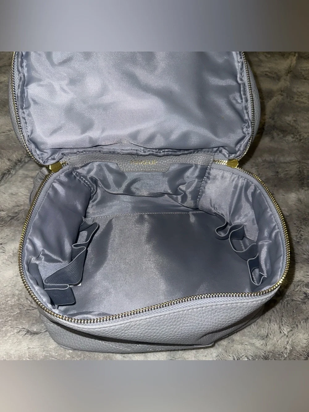 Grey leather double layer makeup bag